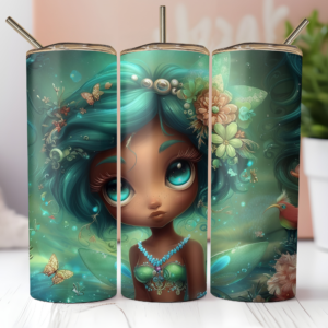 Emerald Everwild mermaid tumbler wrap mockup featuring a dark-skinned fantasy girl with flowing teal hair, flowers, butterflies, and a tiny hummingbird.
