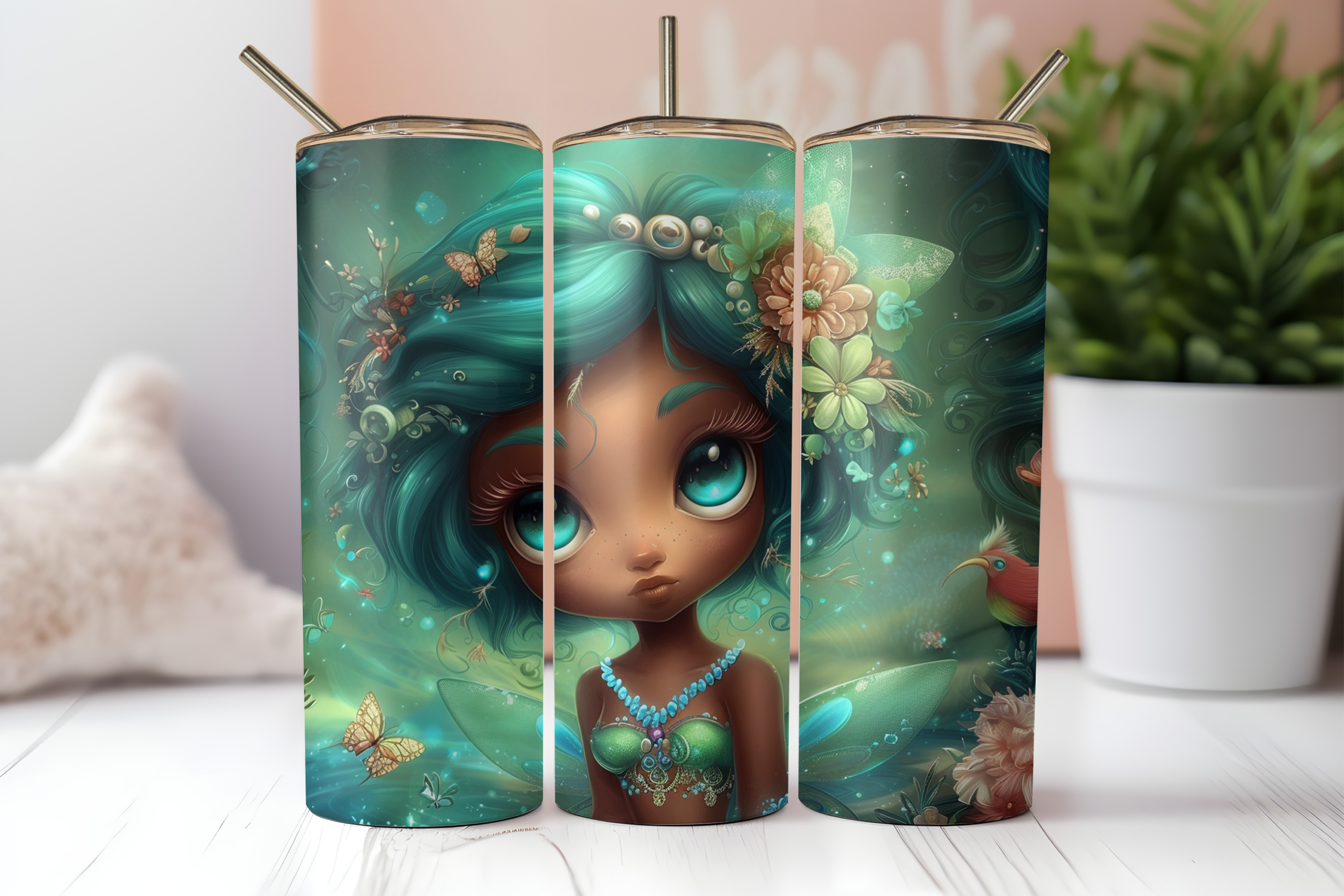 Emerald Everwild mermaid tumbler wrap mockup featuring a dark-skinned fantasy girl with flowing teal hair, flowers, butterflies, and a tiny hummingbird.