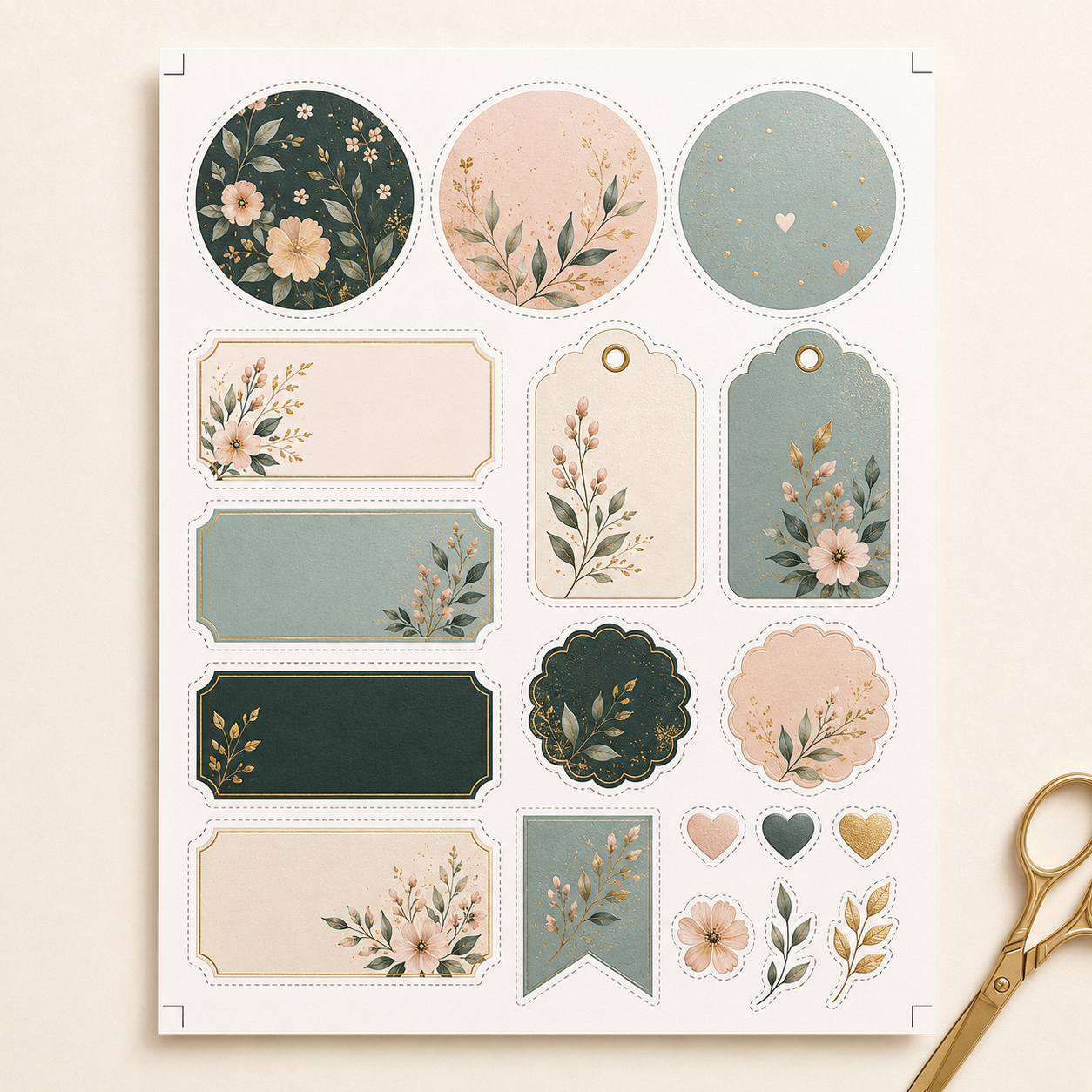 Priey printable product sheet with elegant labels, tags, circles, and decorative cutouts