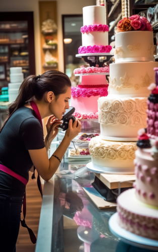 A bride-to-be in a lively cake shop, pointing at a three-tiered cake while conversing with the baker.