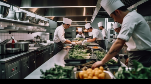 A bustling kitchen with chefs preparing gourmet dishes on stainless steel counters.