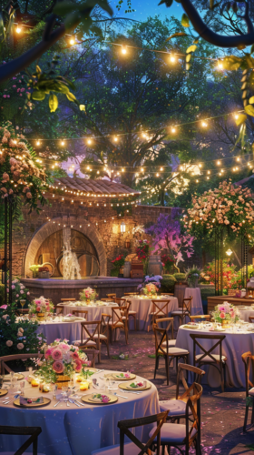 Beautifully decorated outdoor event with tables, fairy lights, and a garden fountain.