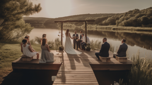 Bride and groom at a rustic lakefront wedding ceremony.