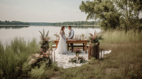 Bride and groom exchanging vows by a tranquil lake at sunset.