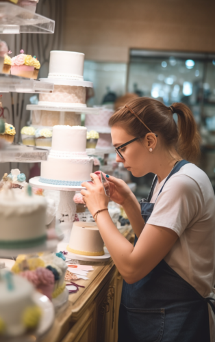 Busy cake shop scene with a woman and baker discussing cake designs for a wedding.