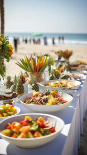 Catering business at a sunset beach wedding.