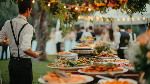 Catering business serving champagne at a garden wedding.