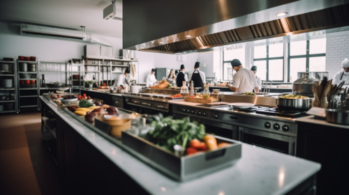 Chefs in a spacious kitchen preparing gourmet dishes with modern equipment.