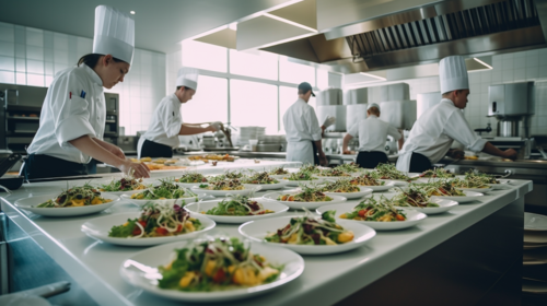 Chefs working in a modern kitchen with fresh ingredients and elegant plating.