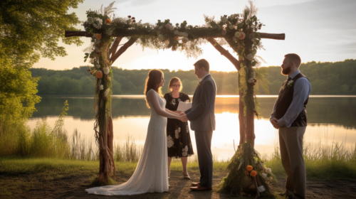 Couple exchanging vows by a lake at sunset in a rustic setting.