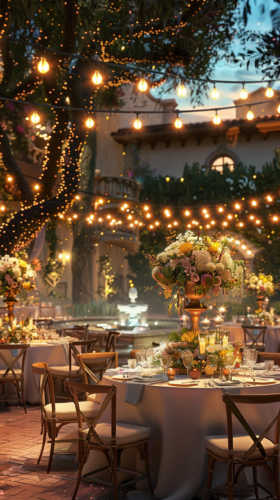 Elegant outdoor event setup with decorated tables and fairy lights.