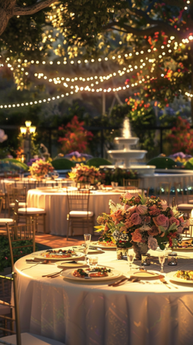 Garden event with elegantly decorated tables, fairy lights, and a fountain in the background.