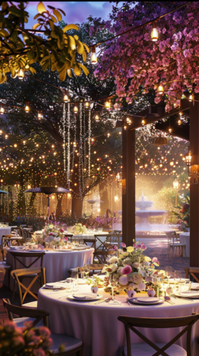 Outdoor catering event with white table linens, flower centerpieces, and fairy lights.