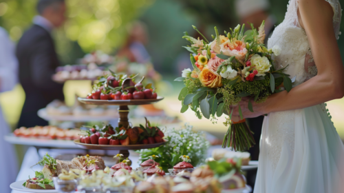 Outdoor wedding scene with a small catering business serving guests.