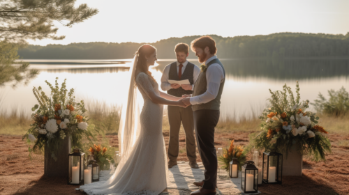 Rustic outdoor wedding ceremony by a picturesque lake.