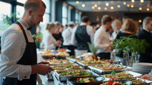 Small catering business providing service at a sunset wedding.