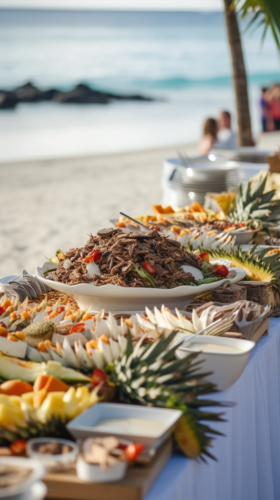 Small catering business serving at a beach wedding.