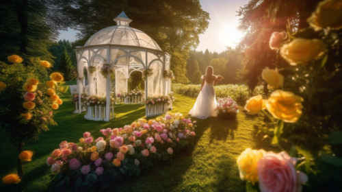 Wedding planner arranging flowers for a garden wedding.