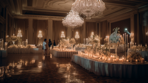 Wedding planner preparing an exquisite ballroom wedding.