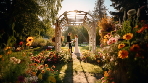 Setting up a gazebo for a garden wedding.