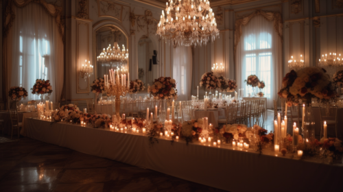 Wedding planner setting up a luxurious ballroom wedding.