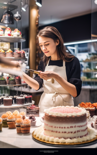 Woman in a vibrant cake shop, choosing a wedding cake with the help of a friendly baker.