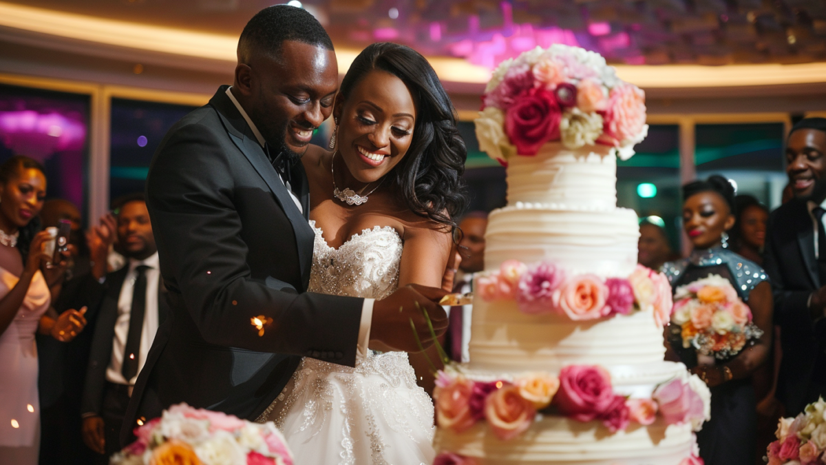 bride and groom enjoy wedding cake