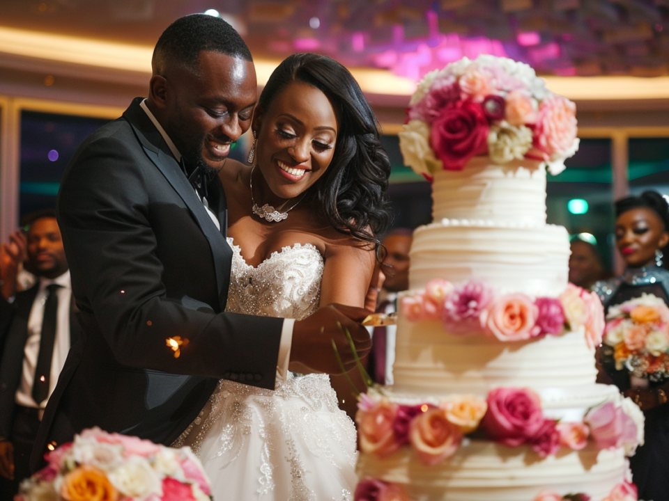 bride and groom enjoy wedding cake