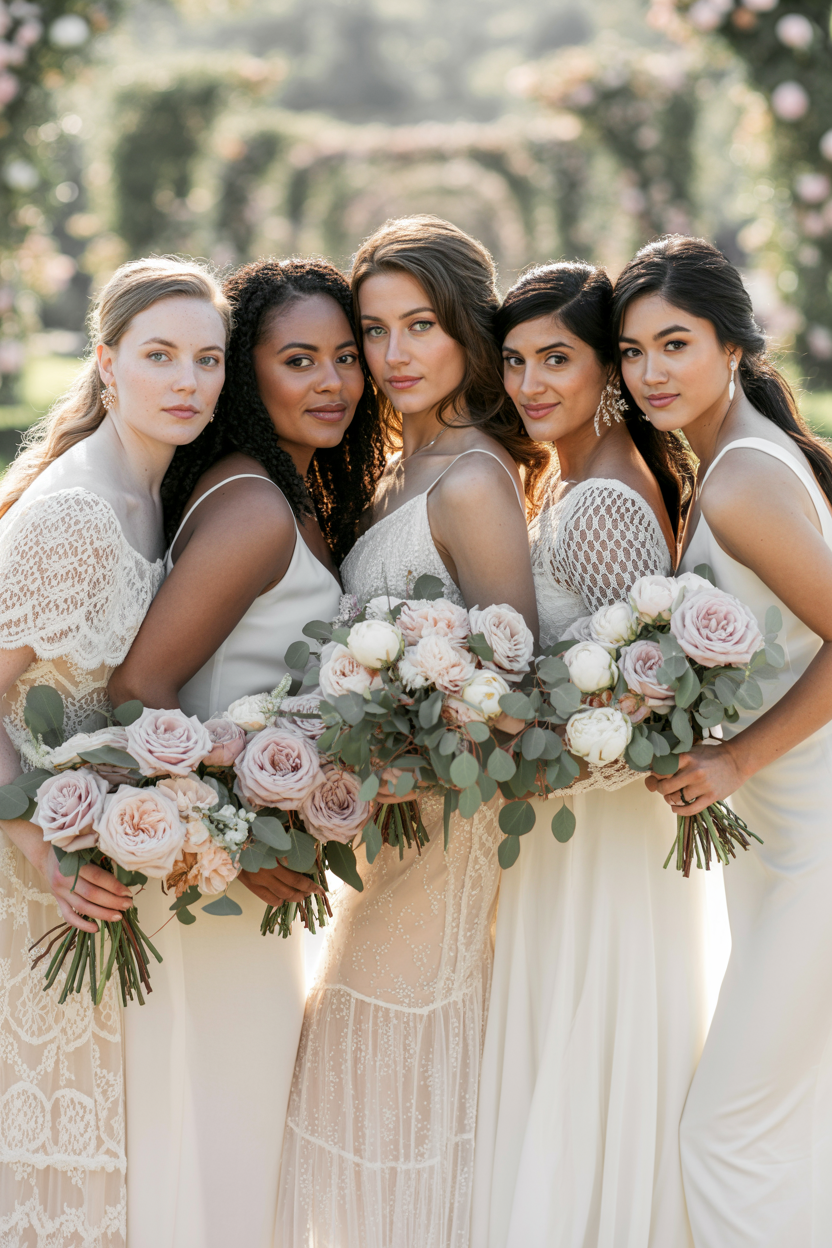 Group of diverse brides outdoors wearing ivory gowns holding bouquets