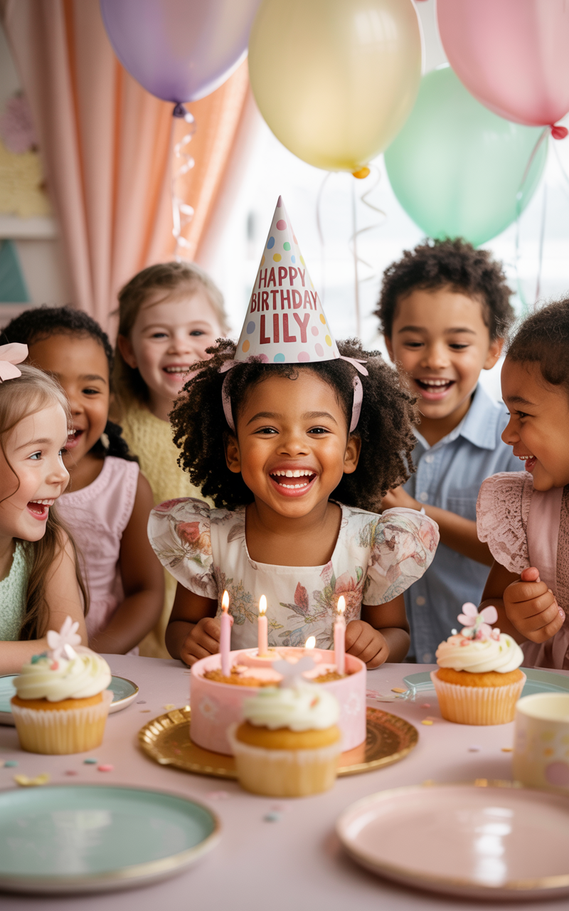 children celebrating at a pastel birthday party with balloons and cupcakes