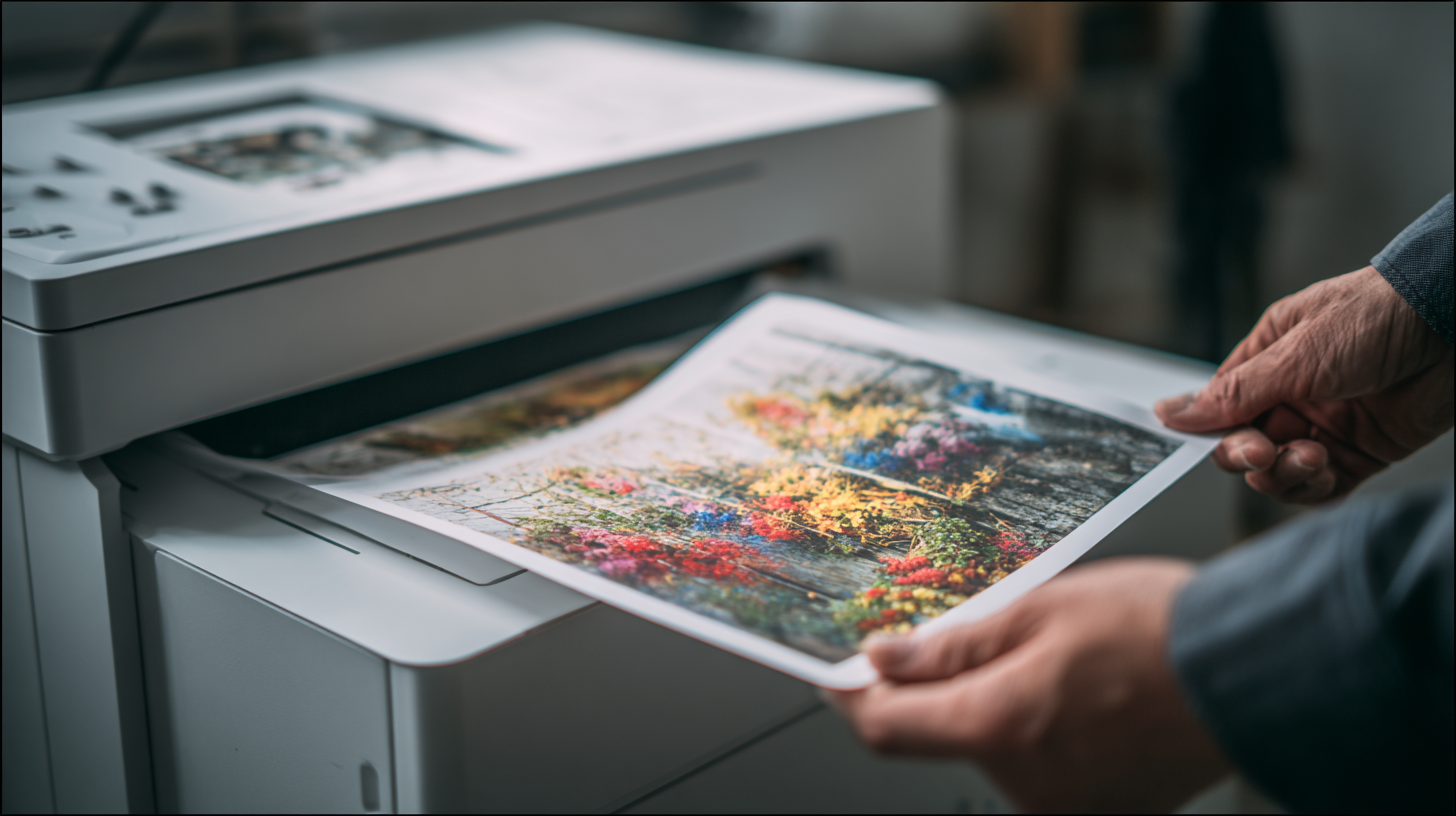 Hands holding a vibrant, high-quality print of artwork, emphasizing its detail and rich colors.