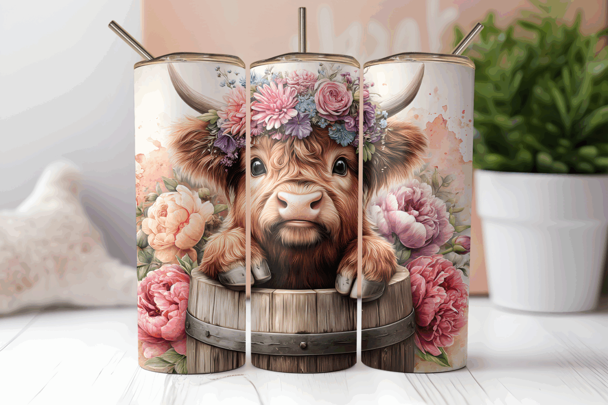 Mockup of a 20oz skinny tumbler featuring a highland cow with a pink rose crown.