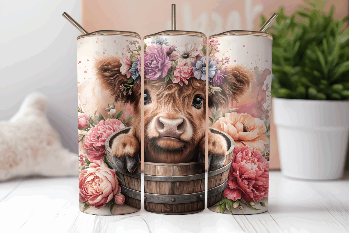 Mockup of a 20oz skinny tumbler featuring a shy cow with a peony crown.