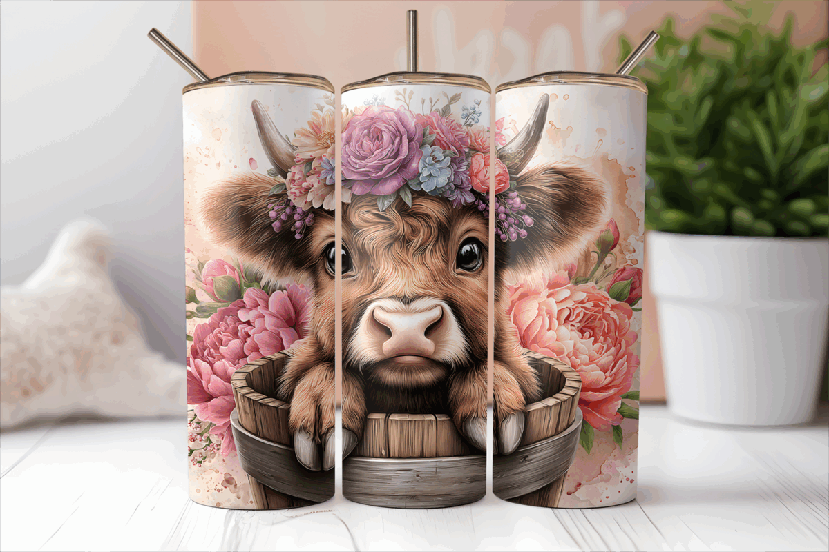 Mockup of a 20oz skinny tumbler with a playful cow and berry crown tumbler wrap.