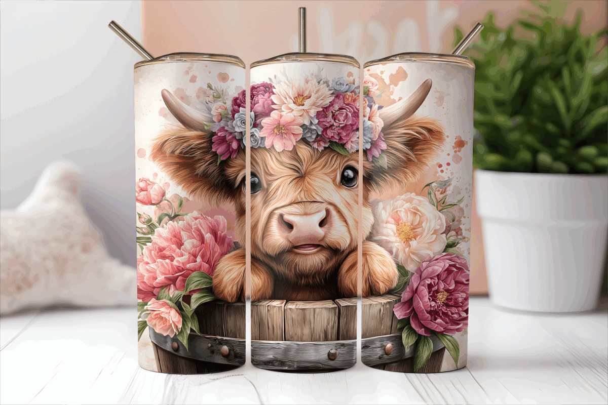 Mockup of a 20oz skinny tumbler with a sweet cow and peach crown tumbler wrap.