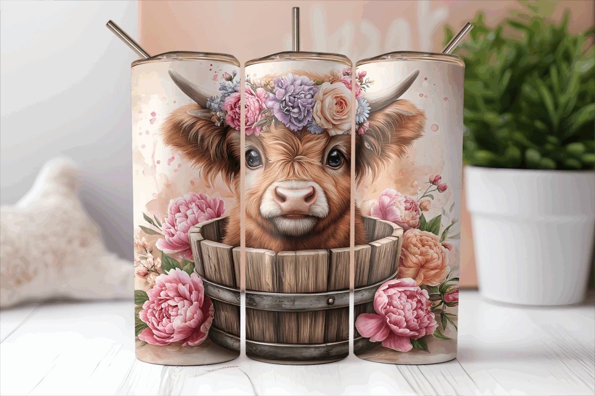 Mockup of a 20oz skinny tumbler with a serene cow and purple flower crown tumbler wrap.