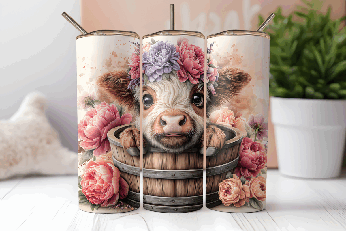 Mockup of a 20oz skinny tumbler with a white-faced cow and purple peony crown tumbler wrap.
