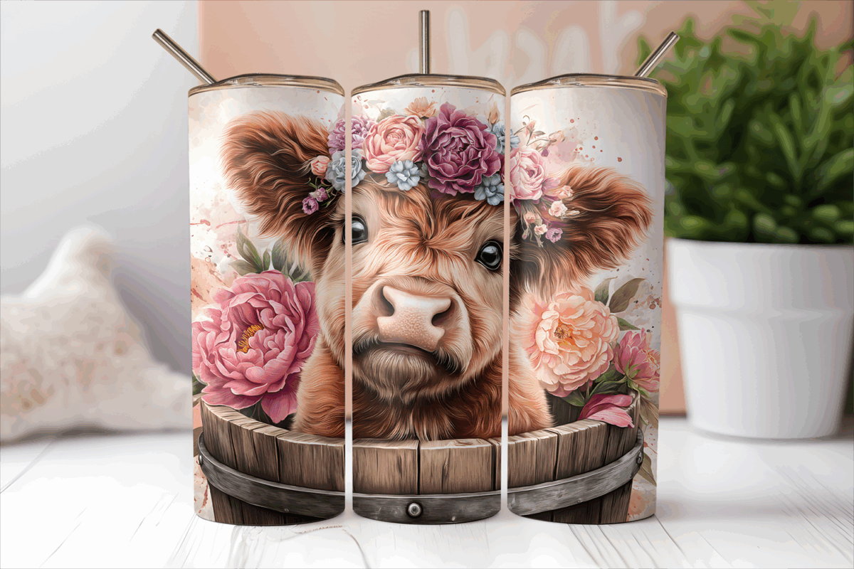 Mockup of a 20oz skinny tumbler with an inquisitive cow and rose crown tumbler wrap.