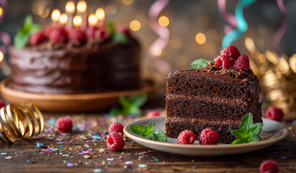 A delicious slice of allergy-friendly chocolate cake with fresh berries on a festive party table, with a whole cake in the background.