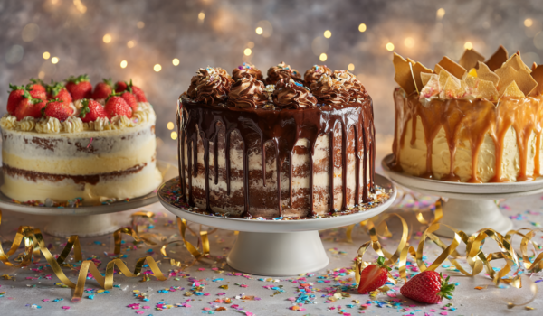 A festive dessert table featuring chocolate, vanilla strawberry, and caramel birthday cakes surrounded by party decorations.