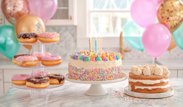 A stunning display of birthday cake alternatives including a decorated cookie cake, colorful donut tower, and ice cream cake arranged on a modern kitchen counter with festive decorations