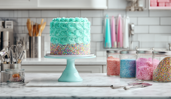 A pristine white kitchen counter with a perfectly frosted teal cake, organized colorful sprinkles, and pink piping bags ready for decoration.