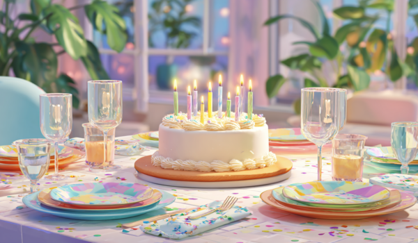 A beautifully set modern dining table featuring a centerpiece birthday cake with lit candles, surrounded by diverse party decorations and dessert plates, representing birthday cake traditions and etiquette.