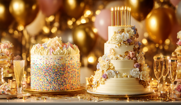 A festive header image showing a delicious homemade cake with sprinkles next to an elegant tiered bakery cake on a decorated party table.