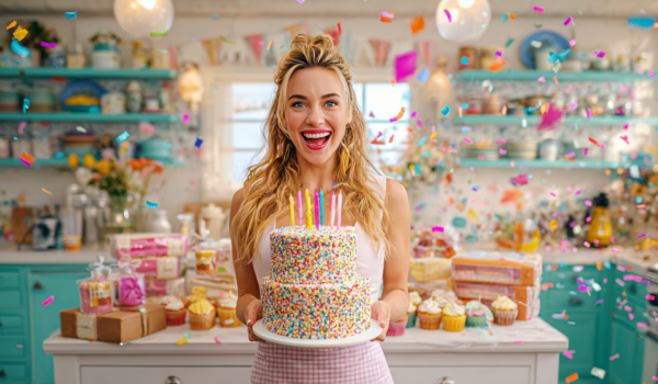 A happy home baker holding a finished birthday cake in a festive kitchen, surrounded by boxed cupcakes ready for sale.