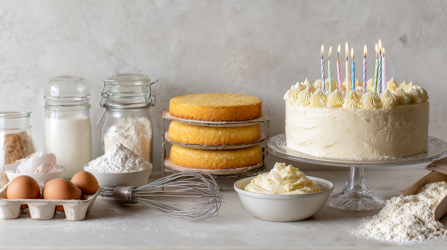 A flat-lay progression photo showing the stages of baking a birthday cake: raw ingredients, cooling cake layers, and the final decorated cake.