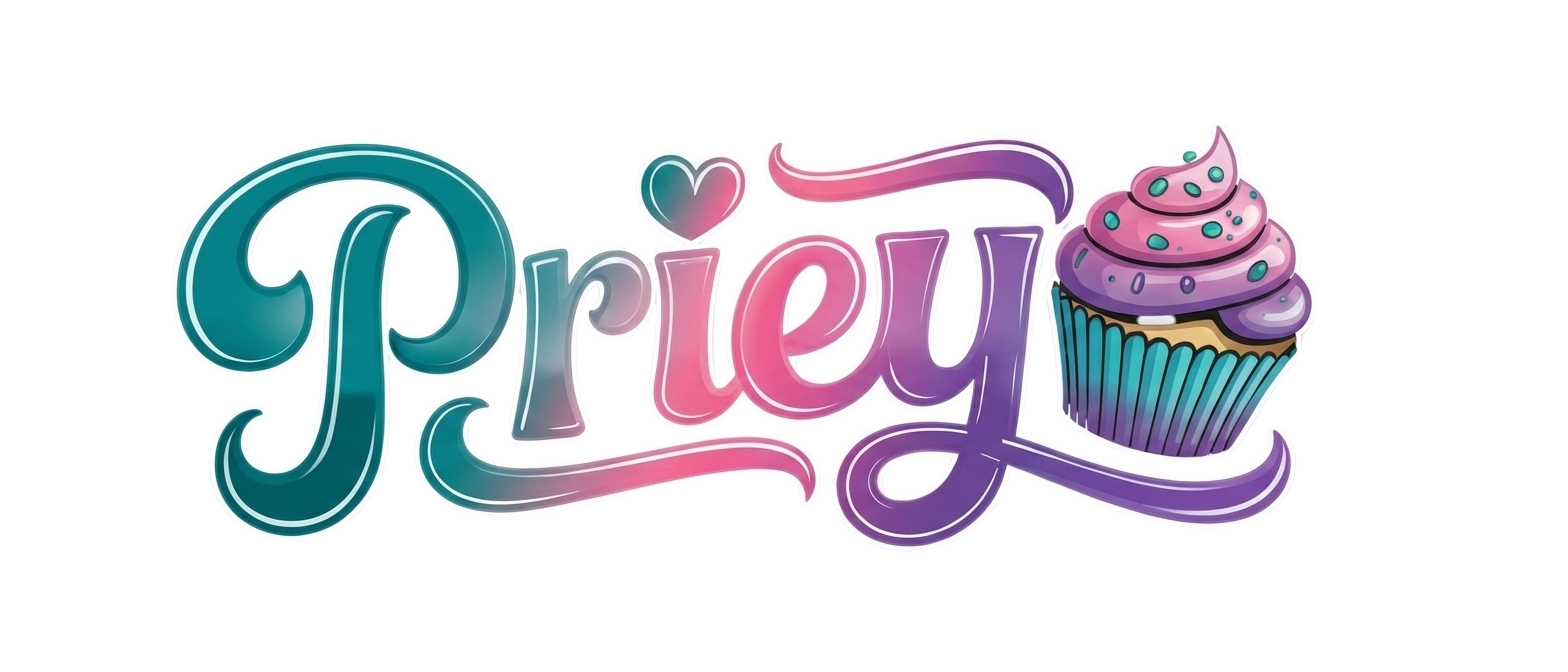 Priey logo featuring the word “Priey” in a glossy teal-to-pink gradient script with a small heart above the letter “i” and a decorated cupcake with purple frosting on the right, set against a black background.
