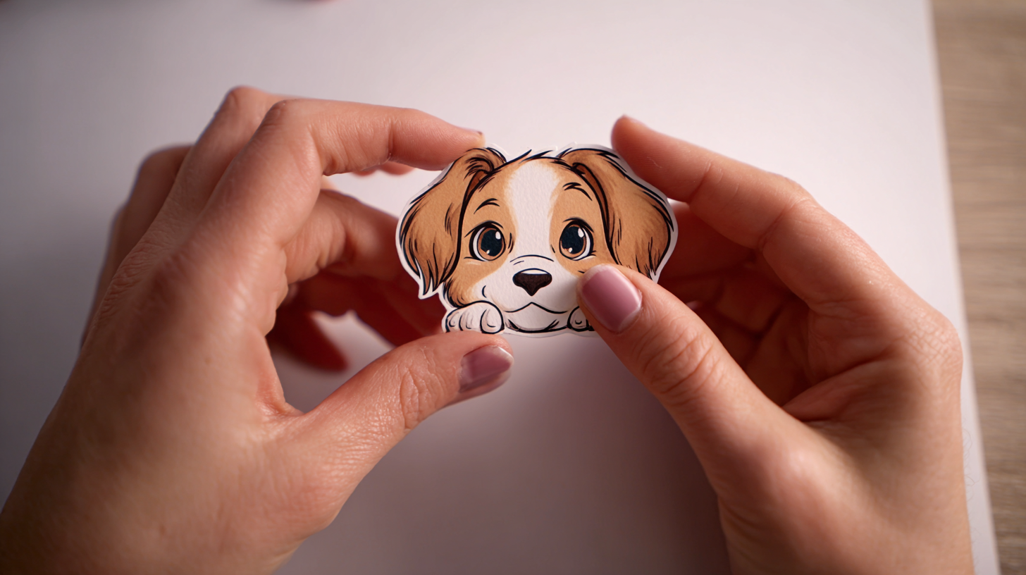 Hands using a craft punch upside down to align a printed cartoon puppy face.