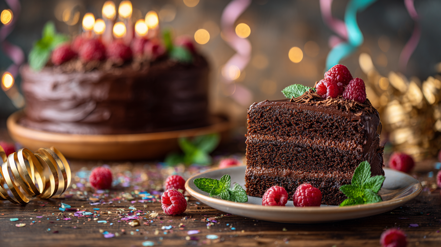 A delicious slice of allergy-friendly chocolate cake with fresh berries on a festive party table, with a whole cake in the background.