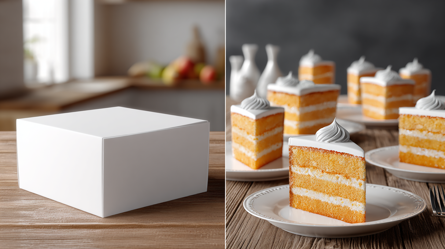Split screen comparison showing a bakery cake box labeled 'Serves 12' versus the actual small yield of 8 slices on plates.